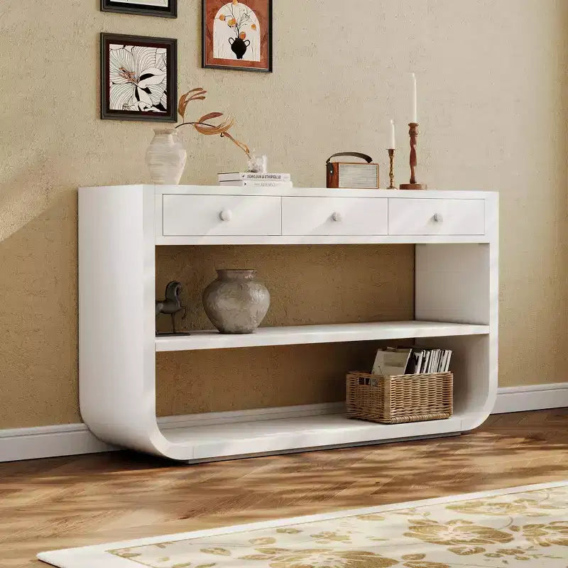 ModernLuxe gebogen sidetable, haltafel, bijzettafel naast de bank, displaystandaard en accenttafel met 3 softclose-lades en 2 open vakken