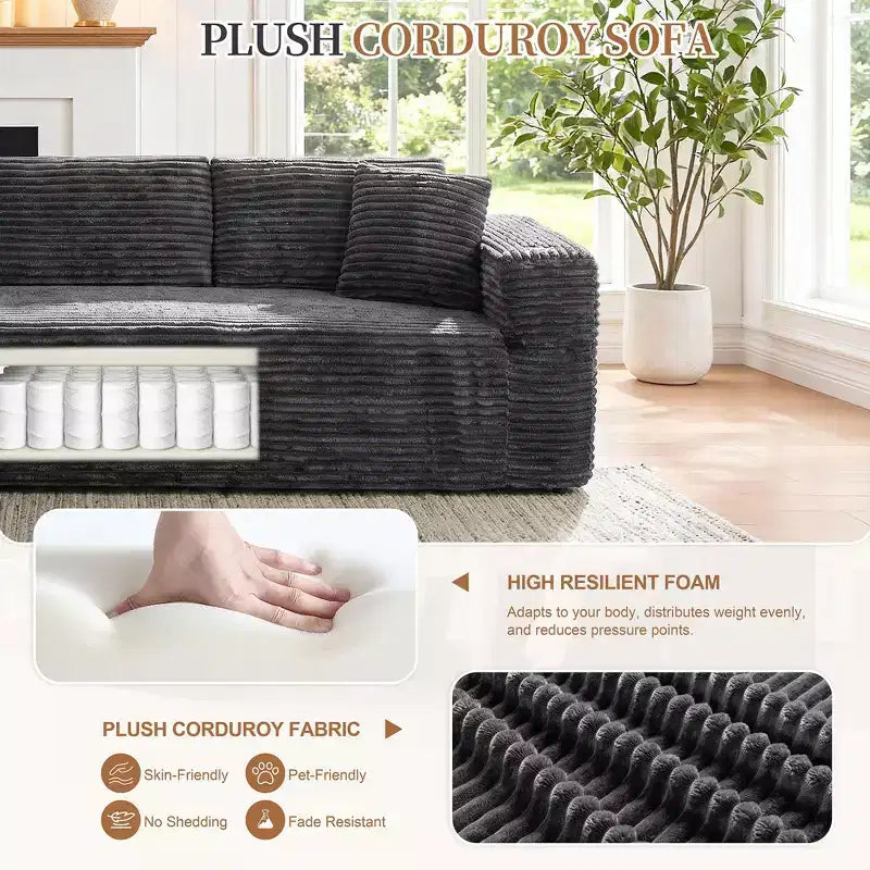 Divano componibile modulare senza struttura Celebalcony 103, chaise longue a forma di L con 2 portabicchieri, divani nuvola in morbido velluto a coste per il soggiorno, senza montaggio