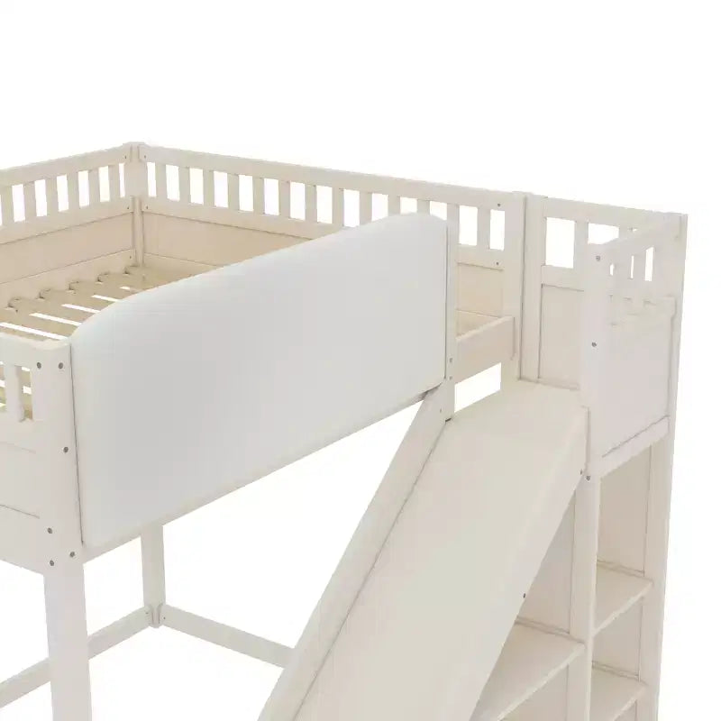 Lit mezzanine Bellemave avec tête de lit rembourrée et étagères de rangement, cadre en bois massif avec échelle et toboggan pour enfants