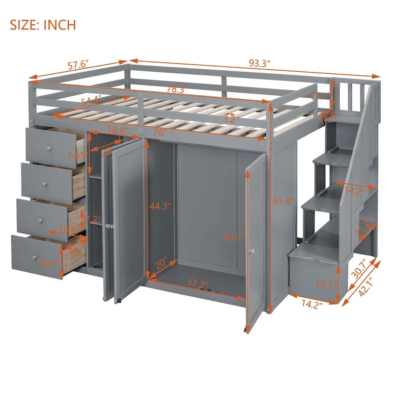 Graues Hochbett aus Massivholz mit Kleiderschränken, Schubladen und Treppe mit Stauraum
