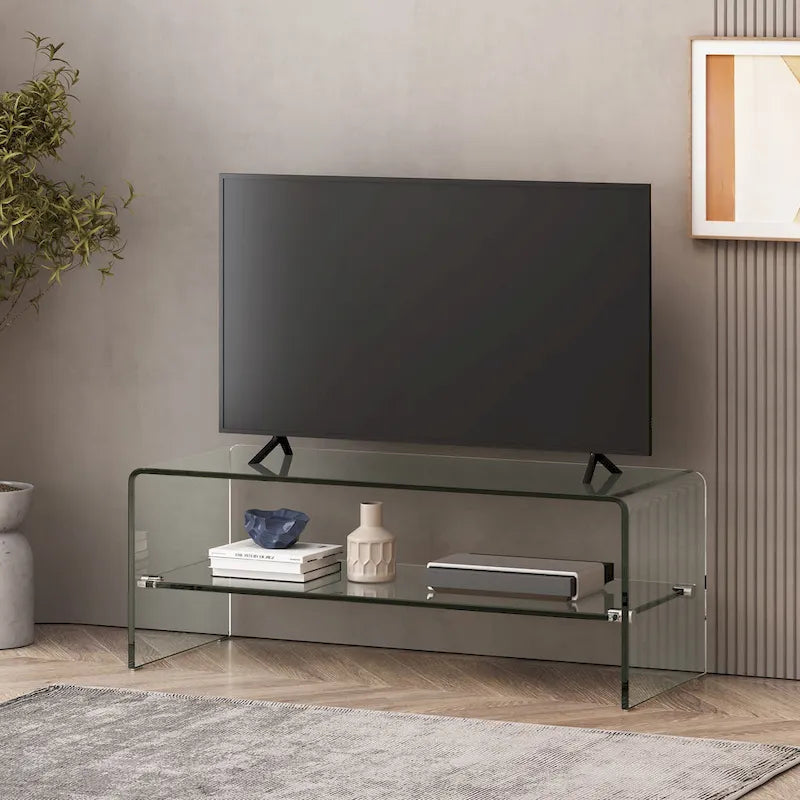 Meuble TV transparent de 39.37 avec dos ouvert et étagère en verre pour téléviseurs jusqu’à 39
