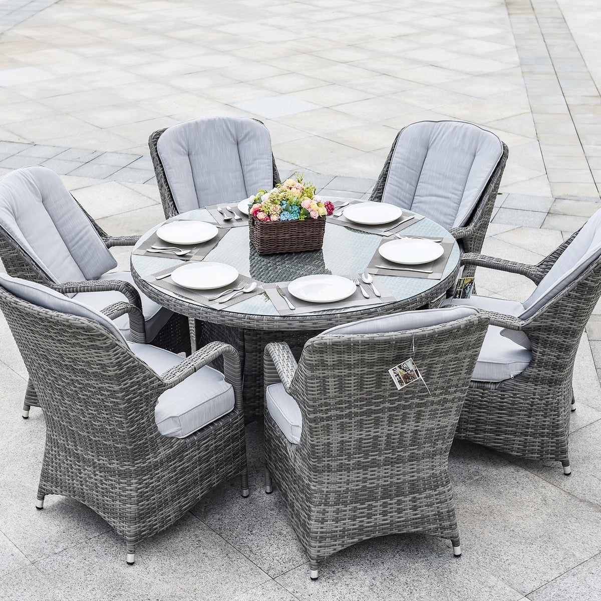 Set da pranzo rotondo da patio in rattan intrecciato da esterno, 7 pezzi, con cuscini, di Moda Furnishings