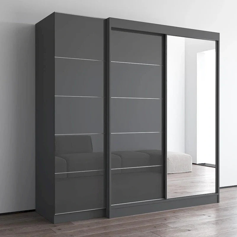 Armoire à 2 portes avec miroir et façade en verre, pour 2 personnes (gris / noir / blanc)