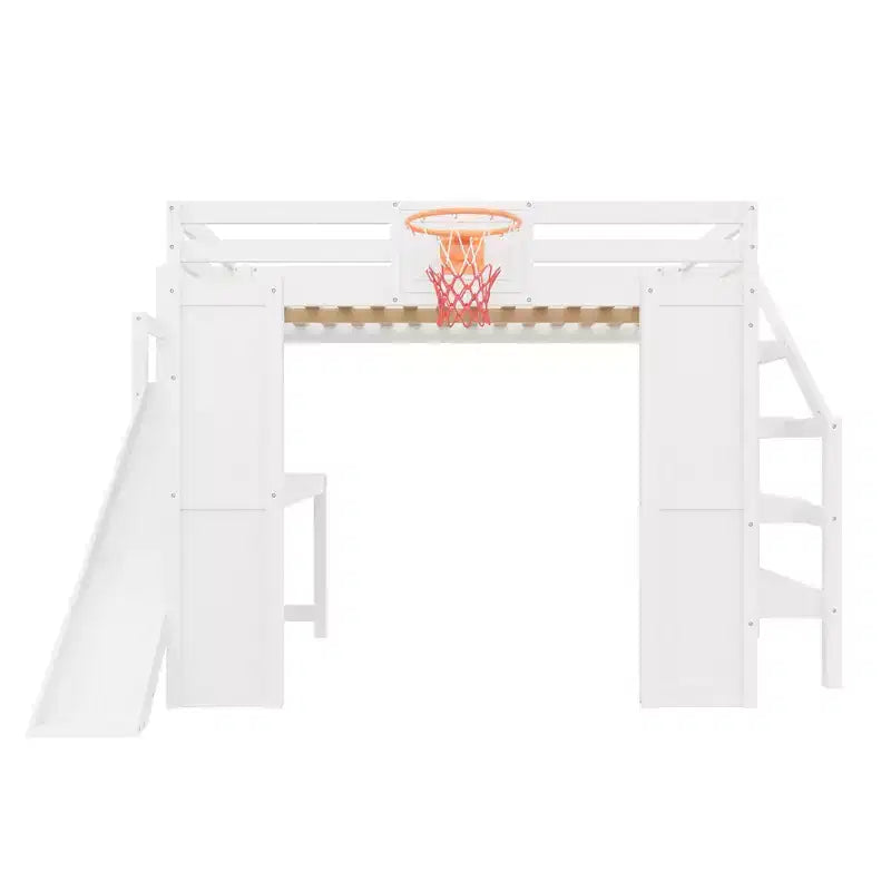 Luxystar großes Hochbett aus Holz mit Schreibtisch, Rutsche, Basketballkorb und Aufbewahrungstreppe für Kinder und Jugendliche
