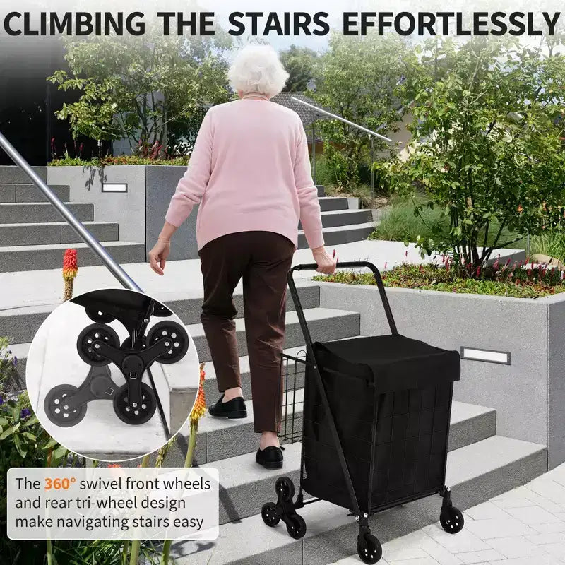 Chariot de courses tout-terrain pour escaliers - 3 roues pivotantes à 360, doublure imperméable,135LBS,chariot pliant en acier au carbone pour le linge et les courses