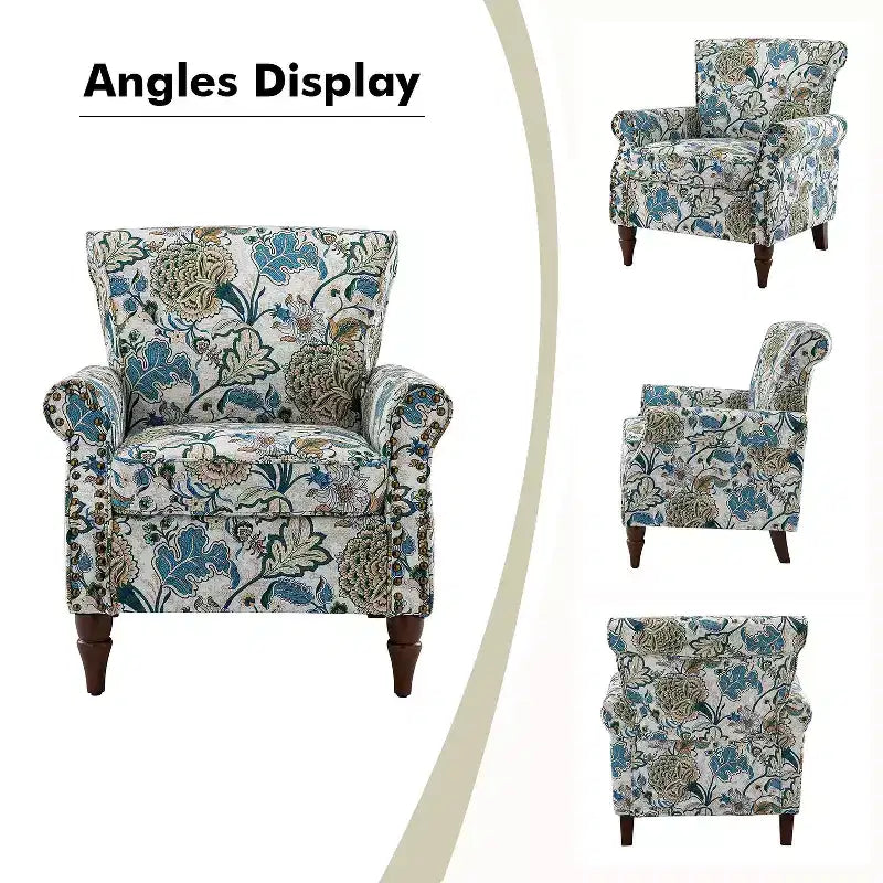 Araceli traditionele houten fauteuil met bloemenstof, hoge rugleuning met vleugels en siernagels| ART OF LIVING DESIGNS
