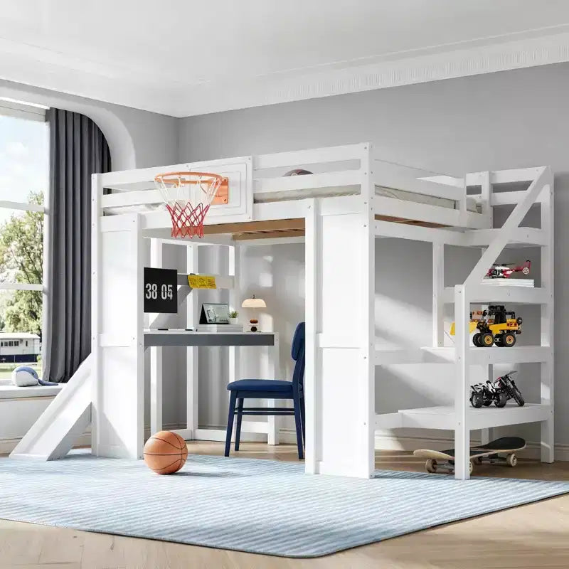 Luxystar großes Hochbett aus Holz mit Schreibtisch, Rutsche, Basketballkorb und Aufbewahrungstreppe für Kinder und Jugendliche