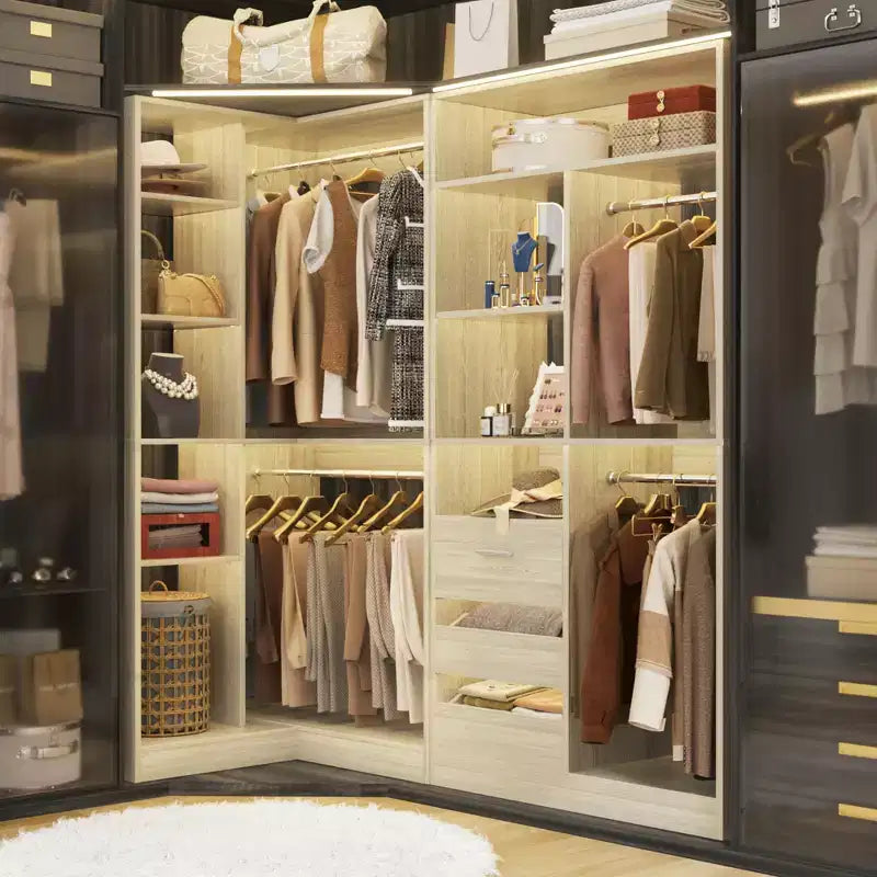 Besiost Set aus 2 Eck-Kleiderschranksystemen mit Regaltürmen, freistehender Kleiderschrank-Organizer mit Schubladen