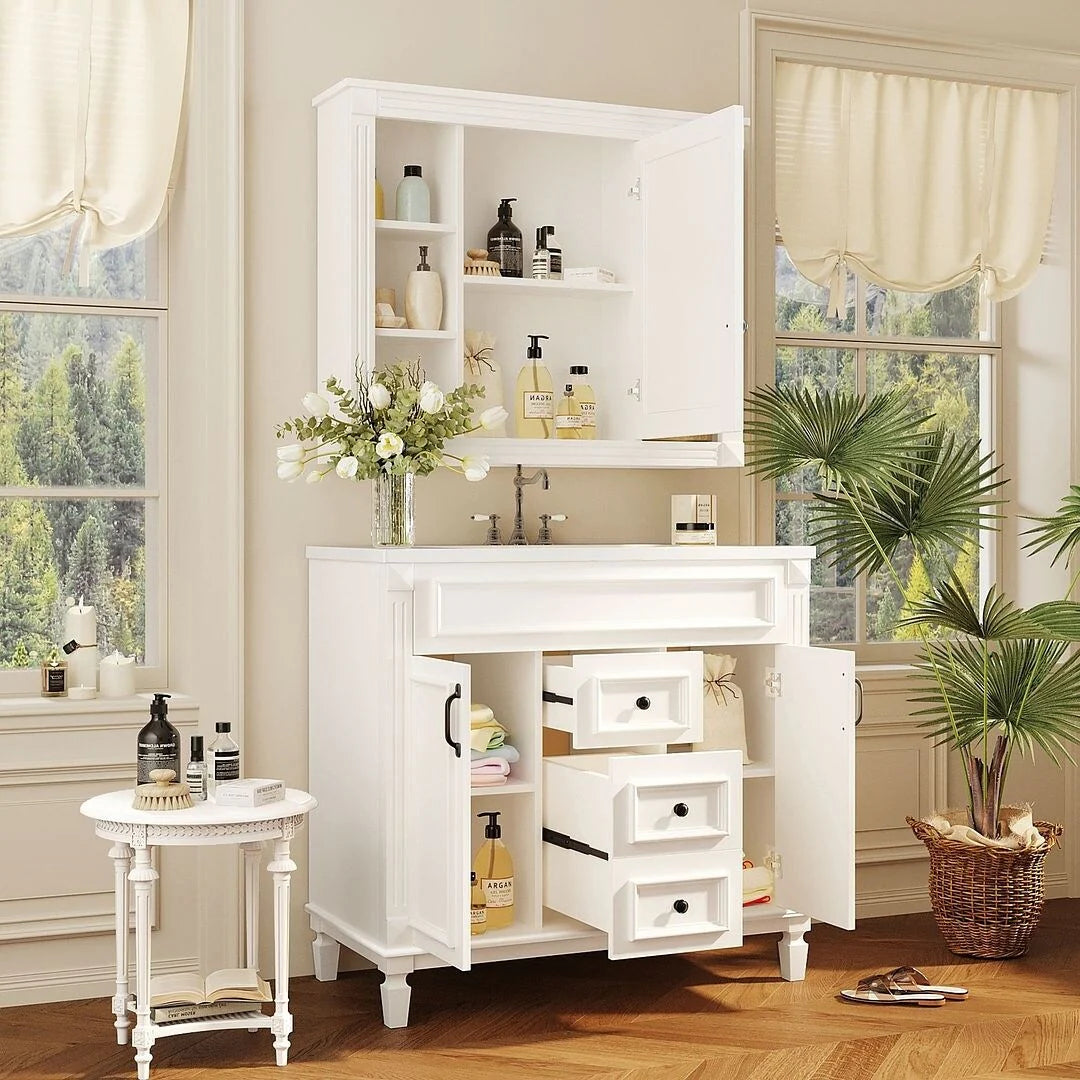 36 Modern Bathroom Vanity with Top Sink and Mirror Cabinet,2 Doors and 2 Drawers