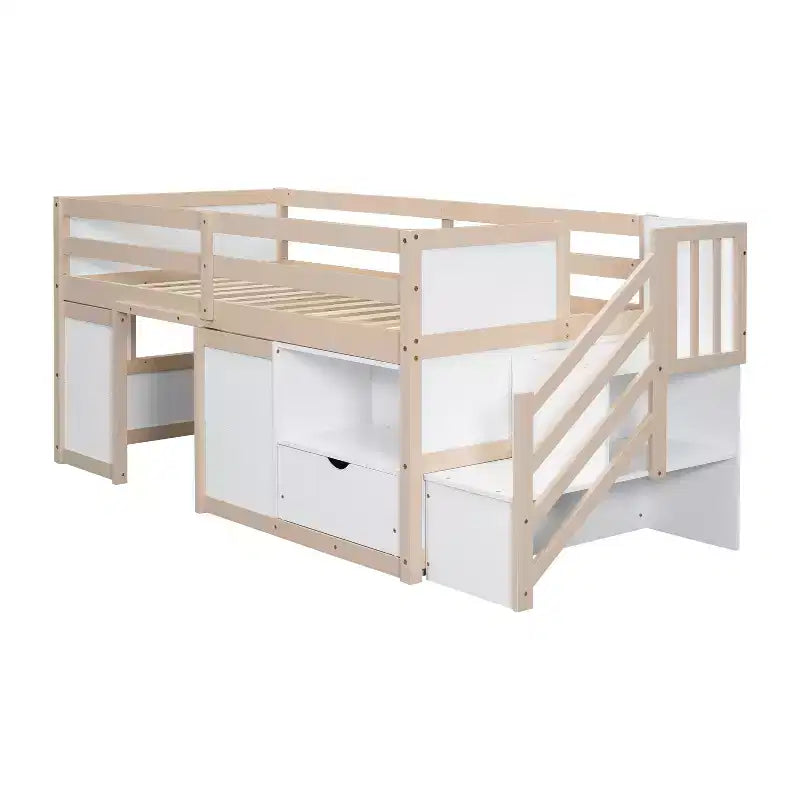 94.6L x 42.3W niedriges Hochbett aus Massivholz in Einzelgröße mit Treppe, Schublade und Regal, modernes und schlichtes Design