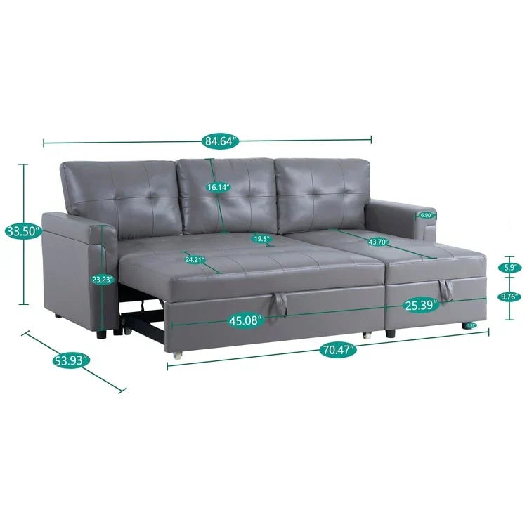 Umbaubares, beidseitig montierbares Ecksofa mit ausziehbarem Schlafbett, verstecktem Stauraum in der Recamiere und robusten Beinen