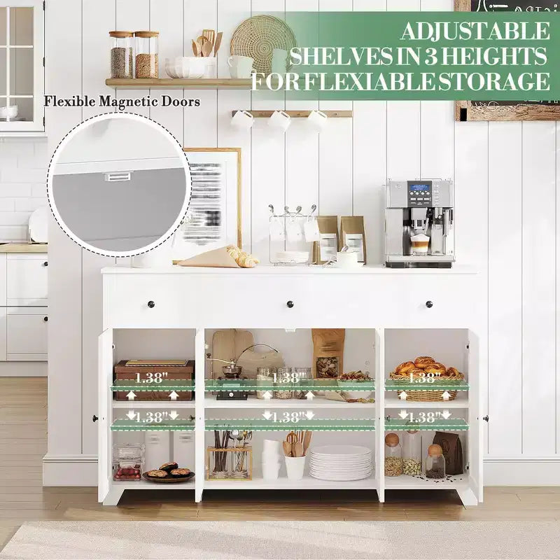 Buffet 55 avec 3 tiroirs et 4 portes, meuble de rangement de cuisine avec étagère réglable, pour la salle à manger ou le salon