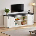 70-TV-Schrank für 75-Zoll-Fernseher, Unterhaltungsmöbel im Landhausstil mit Schiebetüren im Scheunentor-Stil und Stauraumschränken, moderner TV-Medienkonsolentisch
