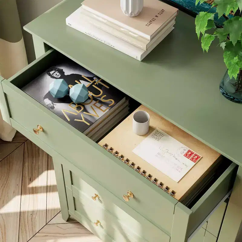 Commode de chambre à 5 tiroirs, hauteur de 42.5 pouces, armoire de rangement en bois avec tiroirs de 11.9 pouces de profondeur et poignées en métal doré, idéale pour l'entrée ou le couloir