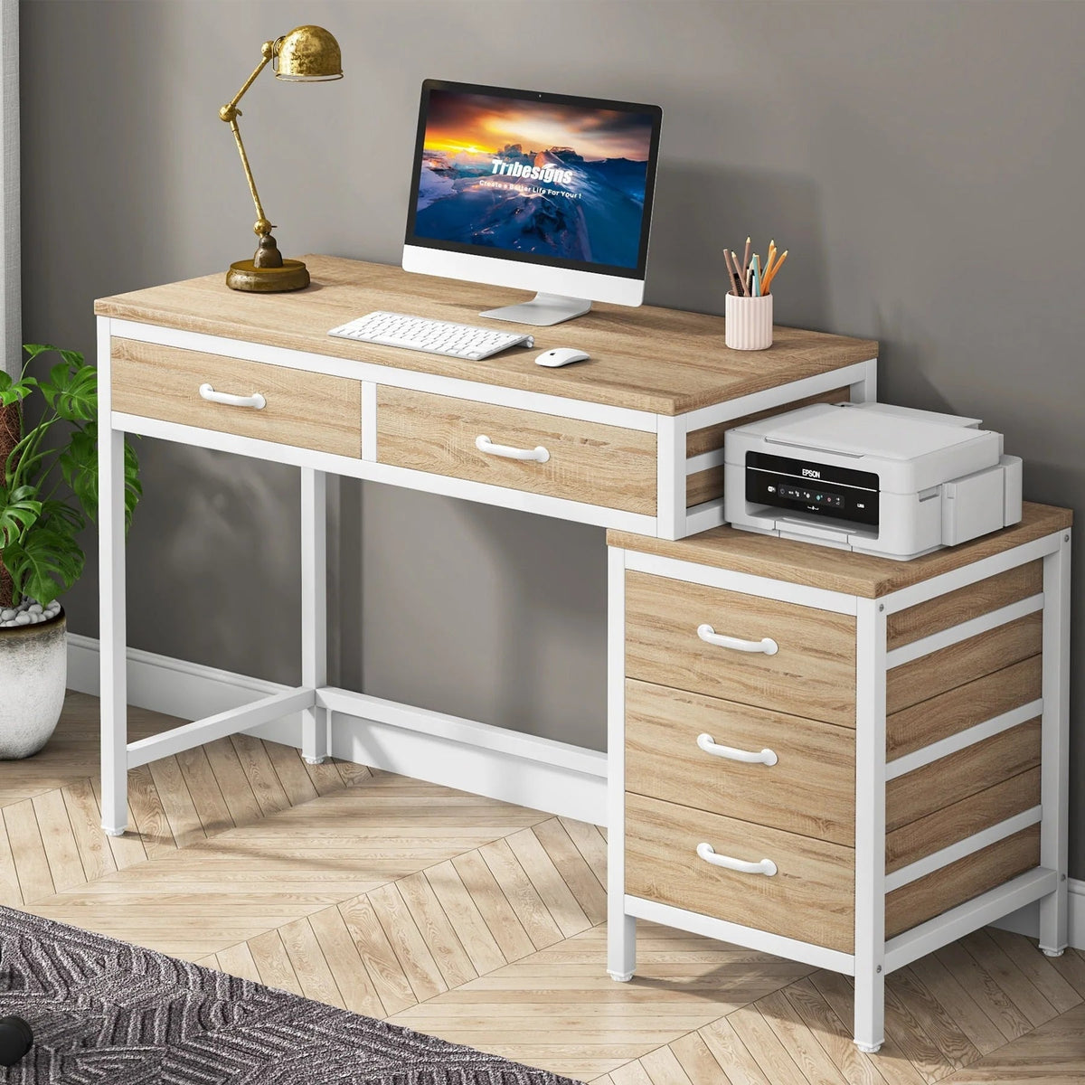 Wendbarer Computerschreibtisch mit 5 Schubladen, Schreibtisch fürs Homeoffice mit Aktenschublade und Druckerständer