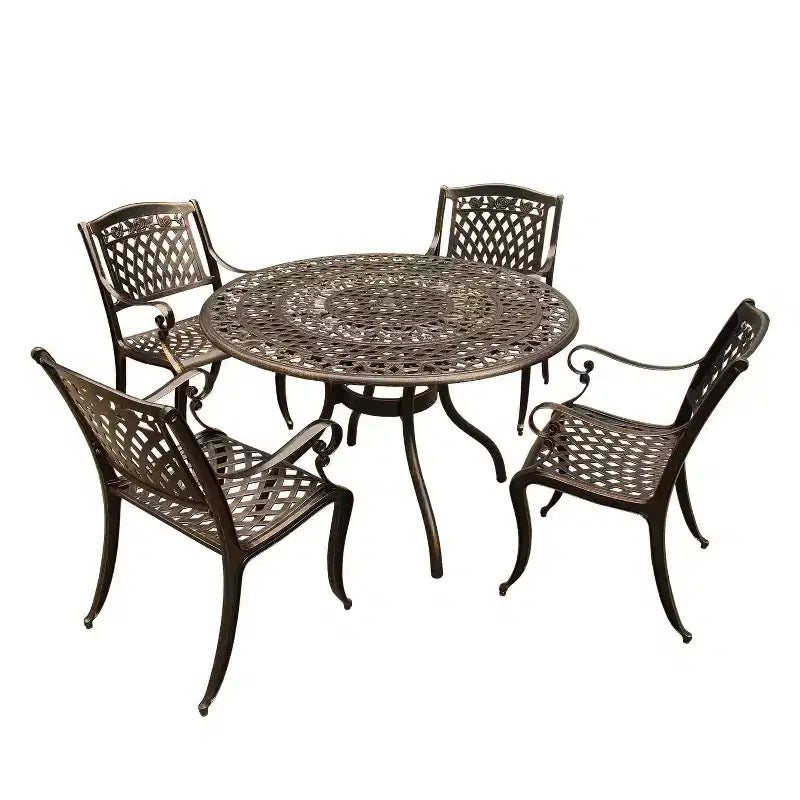 Ensemble repas de patio 5 pièces, table ronde en aluminium de 48 à treillis traditionnel, finition bronze résistante aux UV - Oakland Living : sièges d’extérieur pour quatre personnes