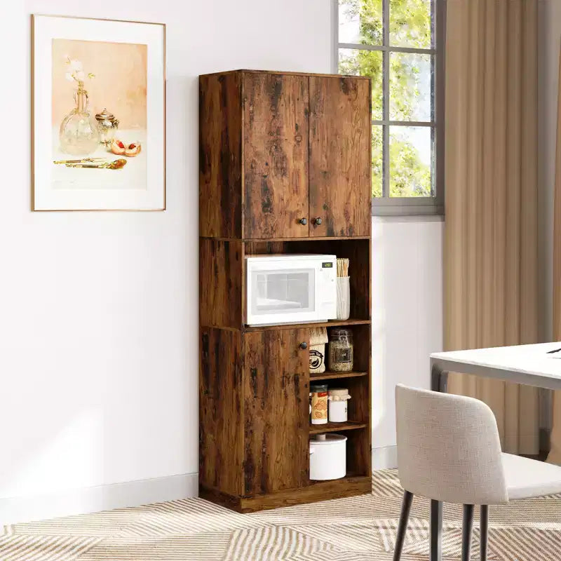 Costway Küchenschrank mit Vorratsaufbewahrung, 65.5 hoch, moderner Buffetschrank mit Mikrowellenständer, Braun/Weiß
