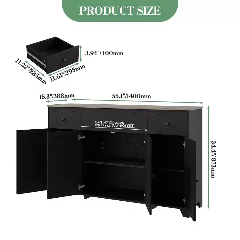Buffet 55 avec 3 tiroirs et 4 portes, meuble de rangement de cuisine avec étagère réglable, pour la salle à manger ou le salon
