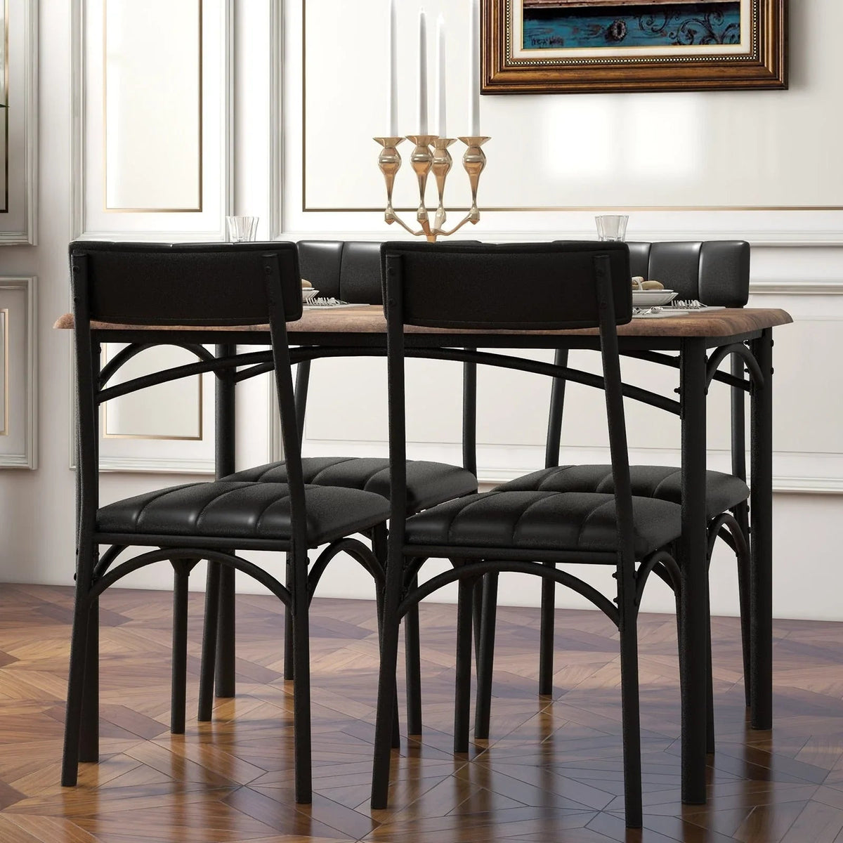 Set da pranzo con tavolo rettangolare per 4 persone e sedie imbottite
