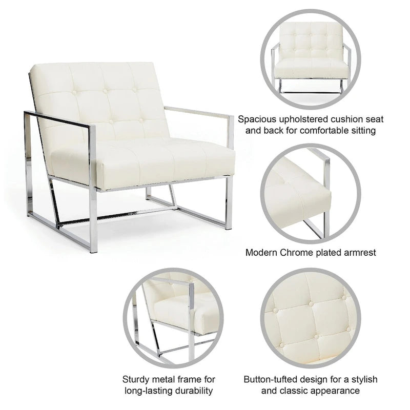 Fauteuil d’appoint Glitzhome crème de style mi-siècle moderne, revêtement en cuir PU capitonné et structure chromée, hauteur de 30.50