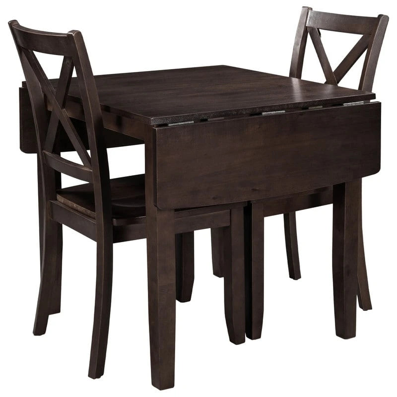 Ensemble de table de petit-déjeuner en bois à abattants, 3 pièces, avec 2 chaises à dossier en X, pour petits espaces