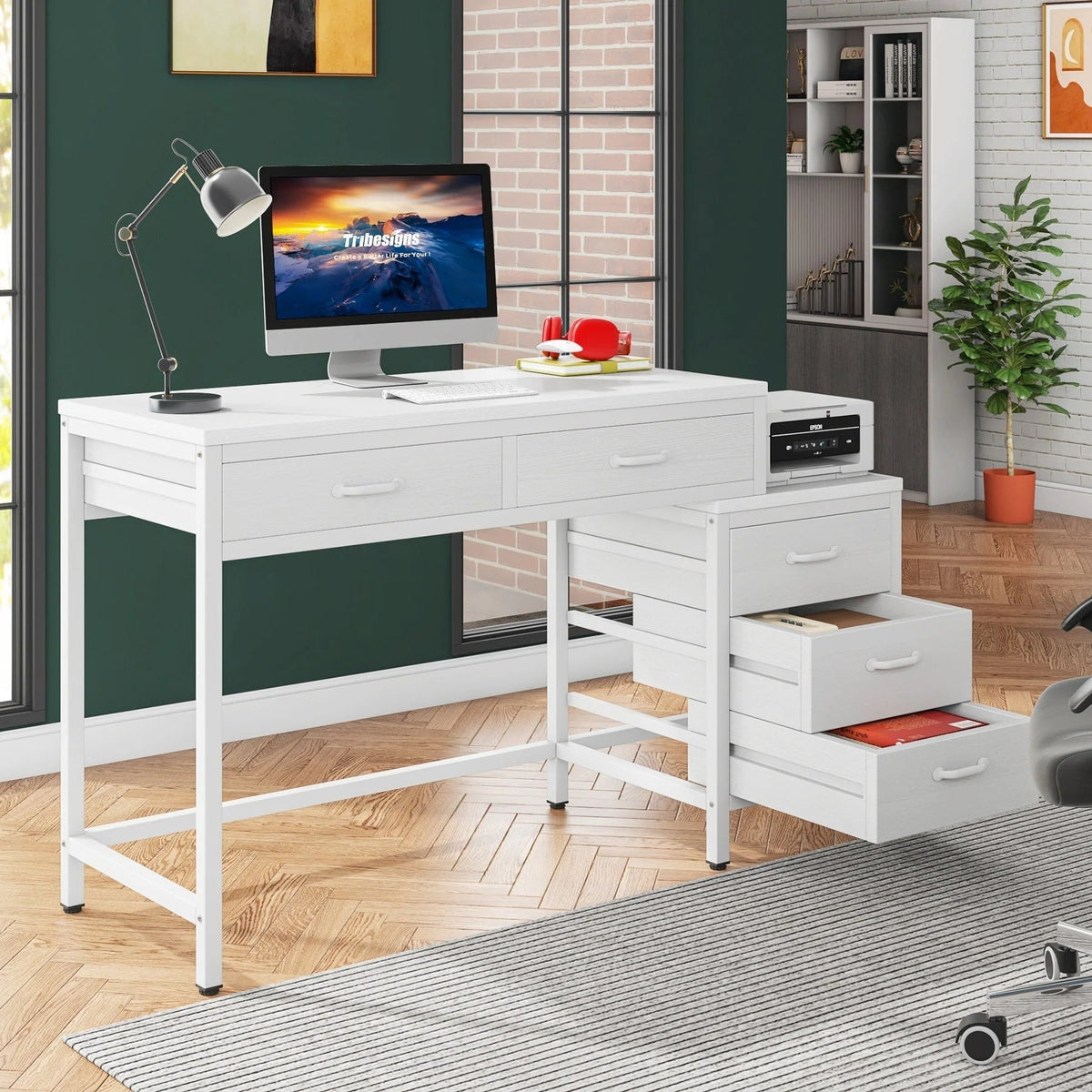 Wendbarer Computerschreibtisch mit 5 Schubladen, Schreibtisch fürs Homeoffice mit Aktenschublade und Druckerständer