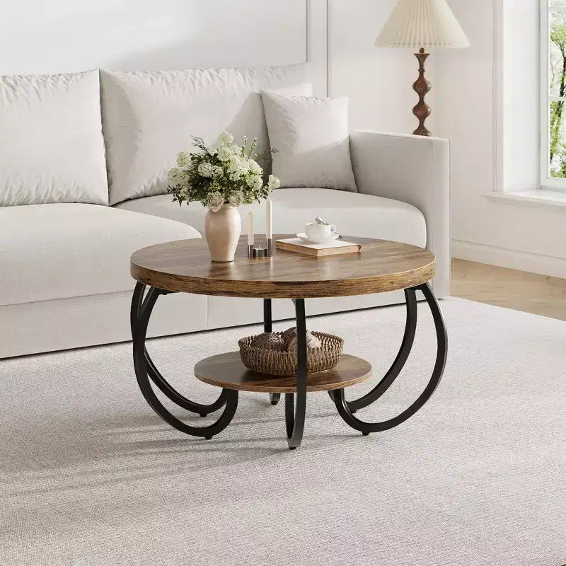 Tavolino rotondo industriale da 30 Inch a 2 livelli con piedini regolabili, ripiano effetto legno, design a fiamma, facile da montare, per soggiorno