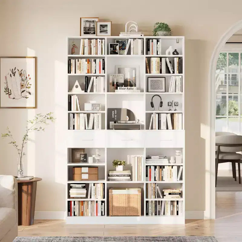 Bibliothèque noire et blanche à 9 niveaux avec 3 tiroirs et étagères réglables
