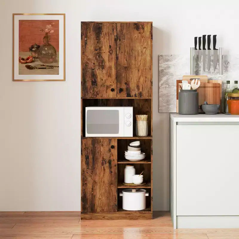 Costway Küchenschrank mit Vorratsaufbewahrung, 65.5 hoch, moderner Buffetschrank mit Mikrowellenständer, Braun/Weiß
