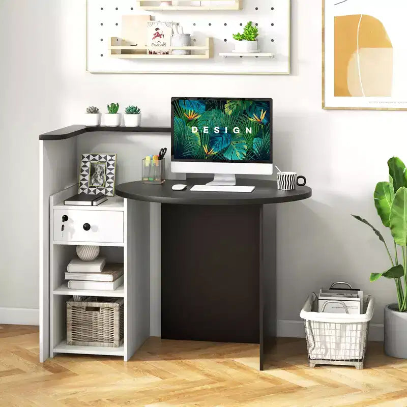Costway Empfangstresen, Kassentisch und Bürotisch mit offenem Fach und abschließbarer Schublade, Weiß/Braun/Schwarz