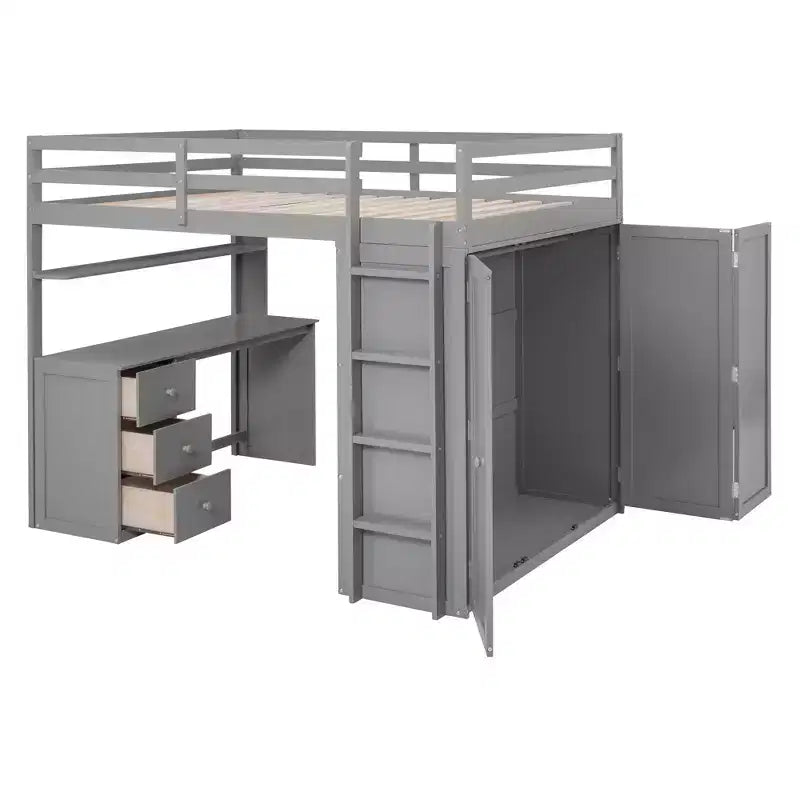 CLIHOME Hochbett in voller Größe mit 3 Aufbewahrungsschubladen, Schreibtisch und Kleiderschrank