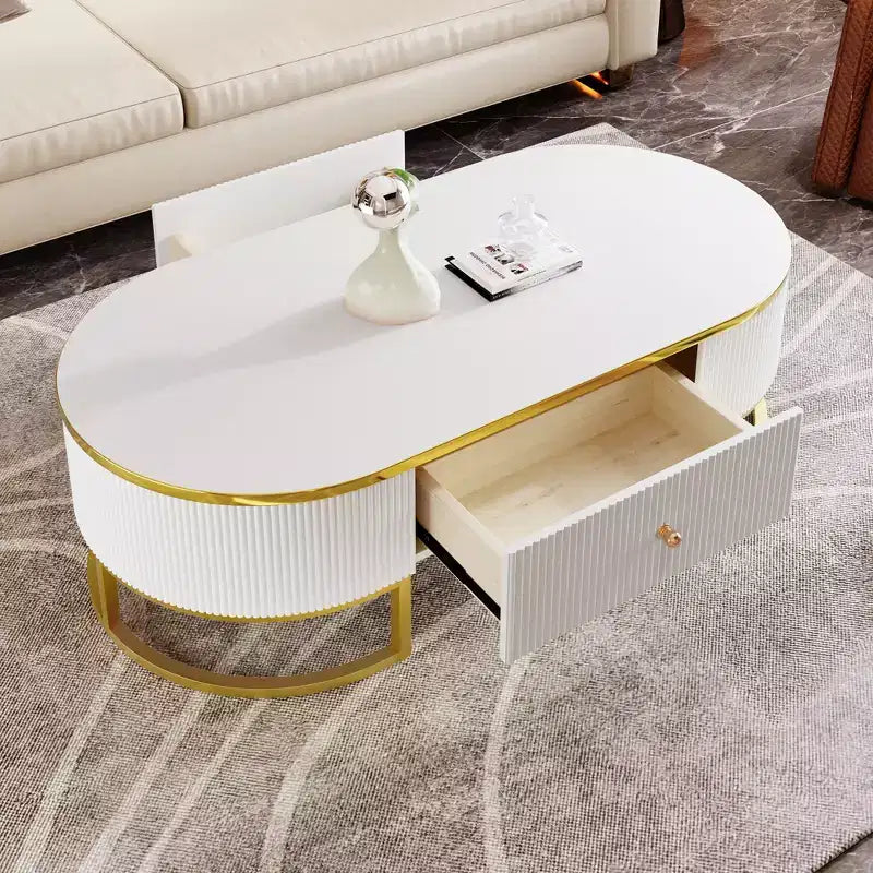 47W moderner Couchtisch, Wohnzimmertisch, Beistelltisch mit Schubladen, geschwungenes Design, goldene Metallbeine, oval, weiß+gold-ModernLuxe