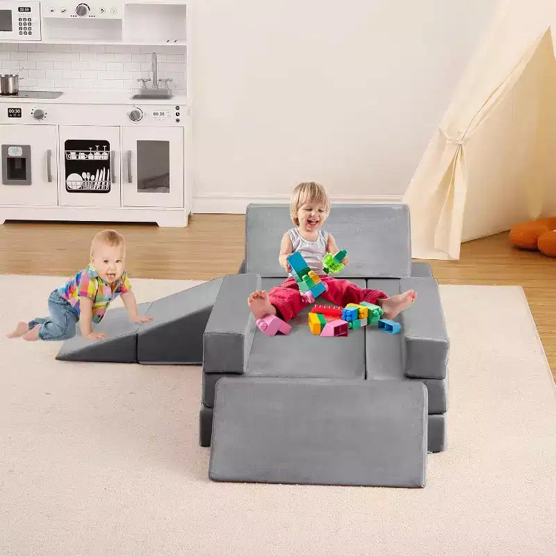 Kletter-Sofa für drinnen, 12-teiliges modulares Spielsofa mit quadratischem Bällebad und Kletterrampe, Spielset mit Polstern