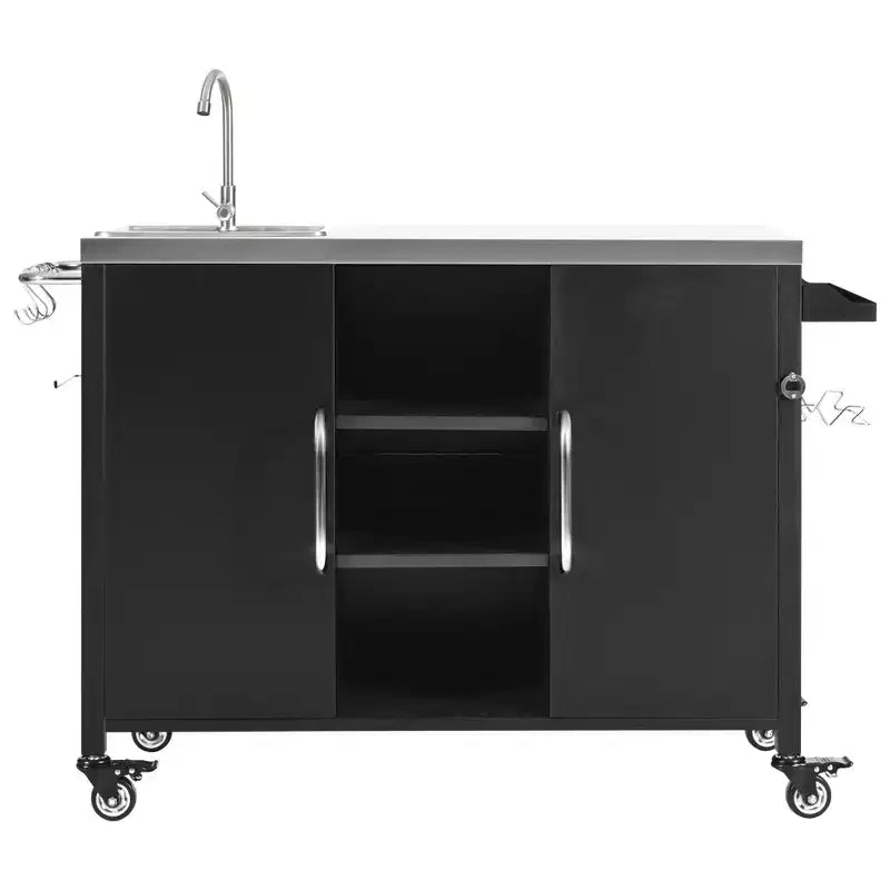 Îlot de cuisine d’extérieur 55.5 avec évier, table de préparation en acier inoxydable avec porte-épices et roulettes verrouillables, chariot pour barbecue, noir - ModernLuxe