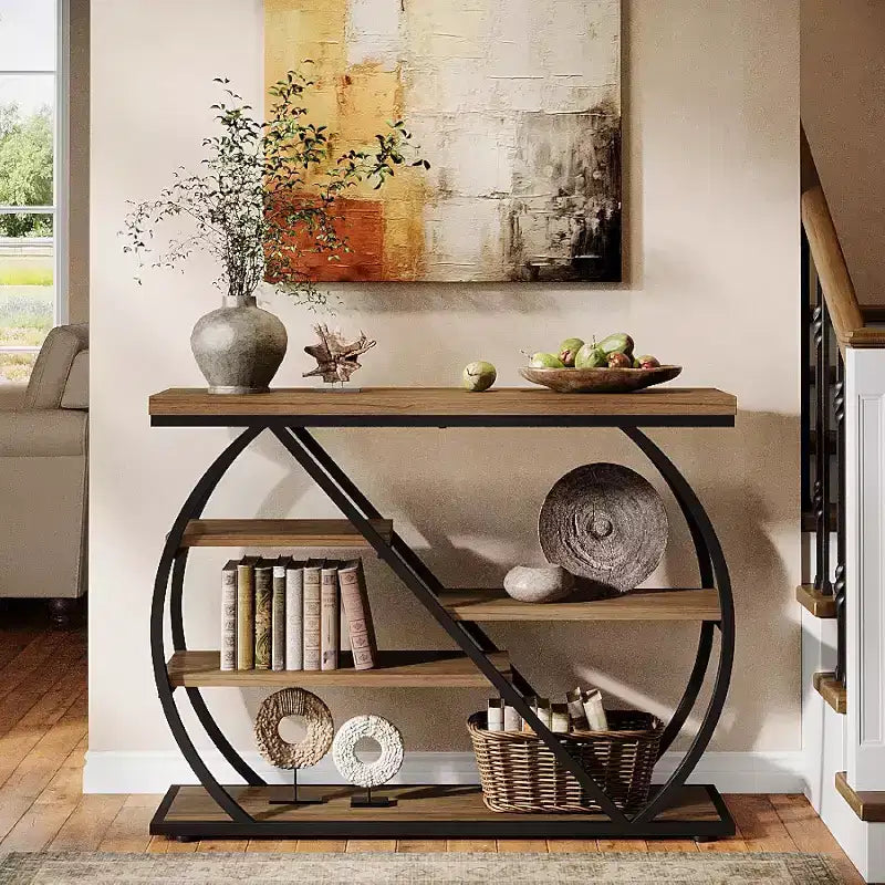 Lantine 41.3 consoletafel, industriële haltafel met 5 niveaus, opbergplanken en gebogen metalen frame, houten haltafel voor de entree