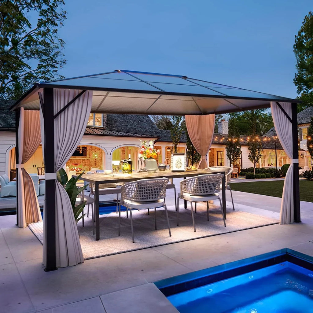 EROMMY hardtop-paviljoen, pergola voor buiten met dubbel dak, netten en gordijnen, extra stevig zonnescherm voor terras, achtertuin en zwembadfeest