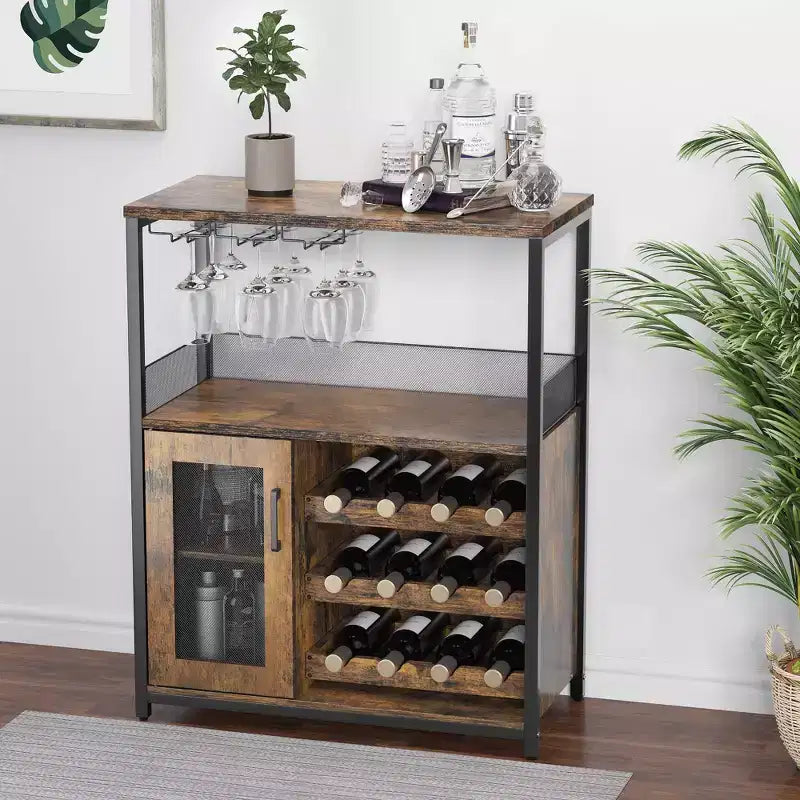Grijze industriële wijnkast met 3 niveaus (12+ flessen) 36H x 24W x 15D, afneembaar rek, 9 glashouders en verstelbare planken voor thuis of de bar
