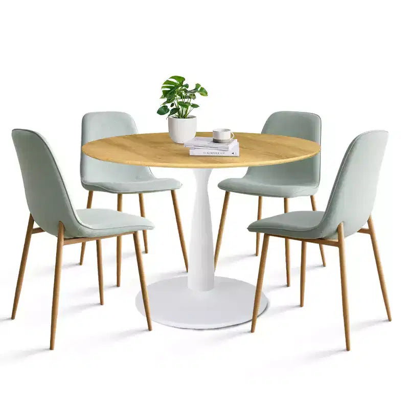Ensemble de salle à manger rond 5 pièces, table à piètement central de 37 avec plateau effet bois et chaises courbes rembourrées, style moderne-Panipeachy
