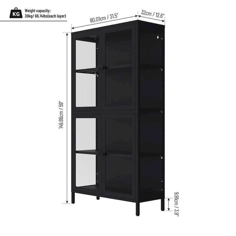 Sideboard aus kaltgewalztem Stahl mit vier Glastüren, verstellbaren Einlegeböden und Füßen