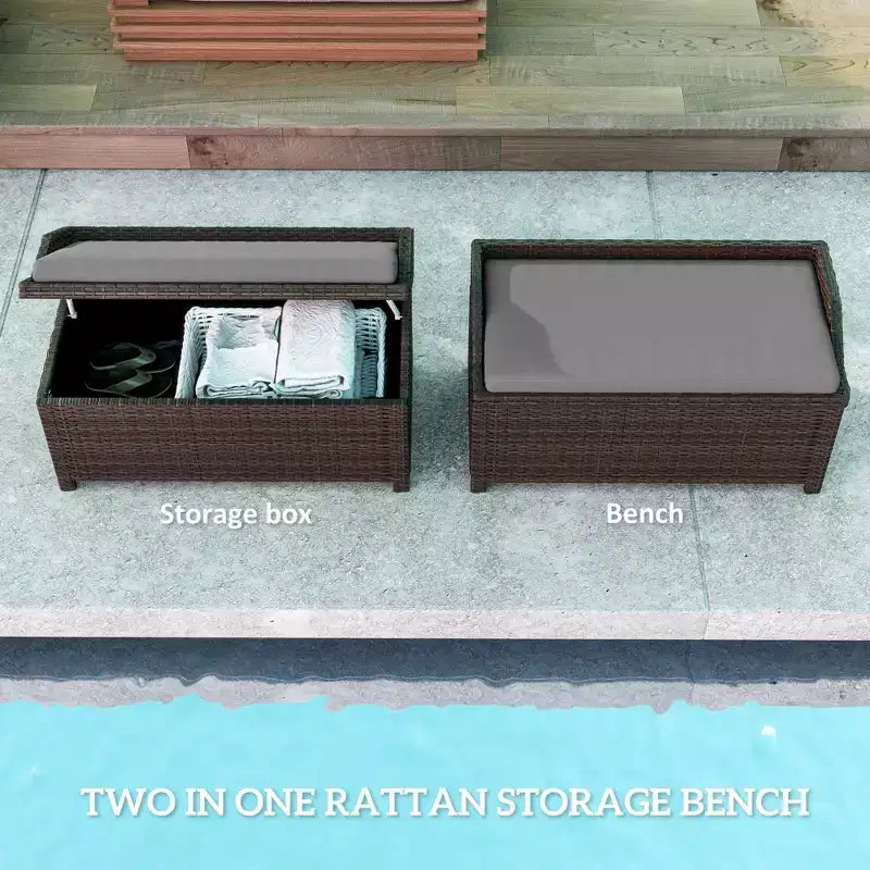 Banc de rangement extérieur en osier avec coussin