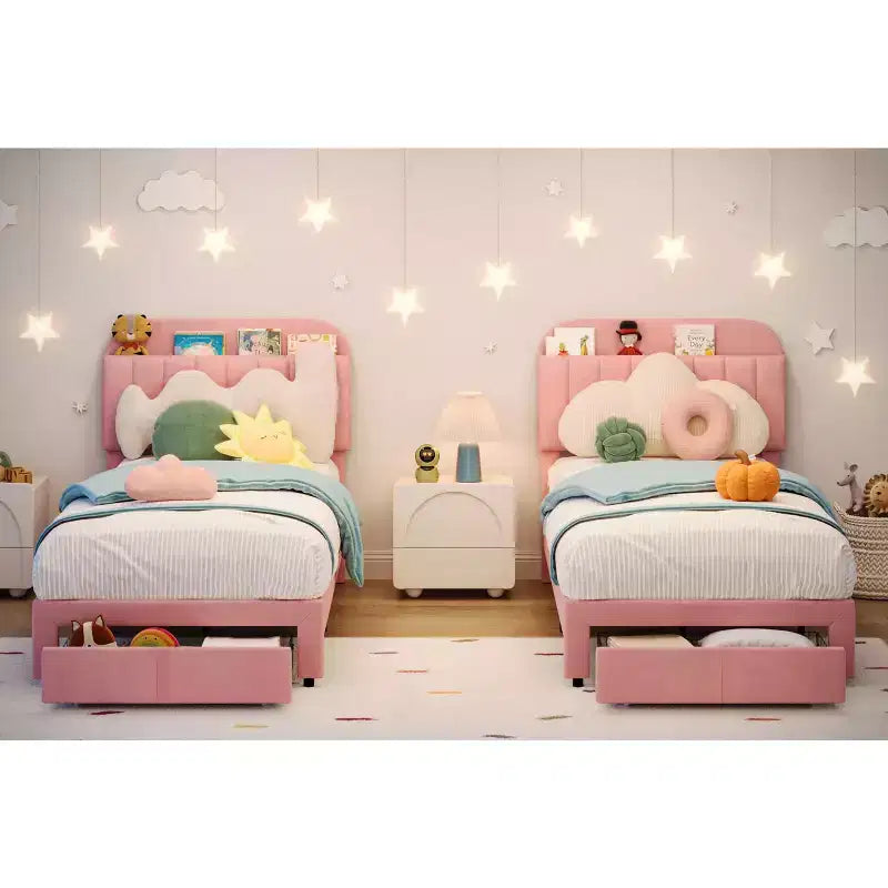 Lot de 2 cadres de lit simple avec tiroirs de rangement et tête de lit, revêtement en velours, profil bas, silencieux, montage facile, rose
