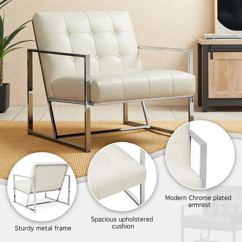 Fauteuil d’appoint Glitzhome crème de style mi-siècle moderne, revêtement en cuir PU capitonné et structure chromée, hauteur de 30.50
