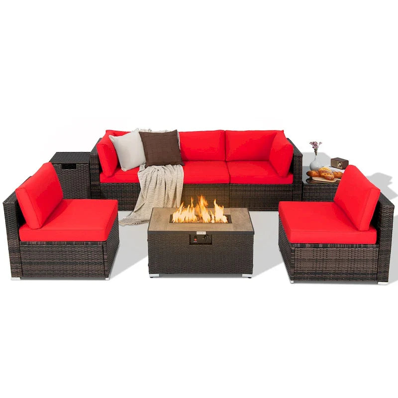 8-teiliges Gartenmöbel-Set aus Rattan mit Feuertisch, Tankhalter, Abdeckung und Terrassenmöbeln