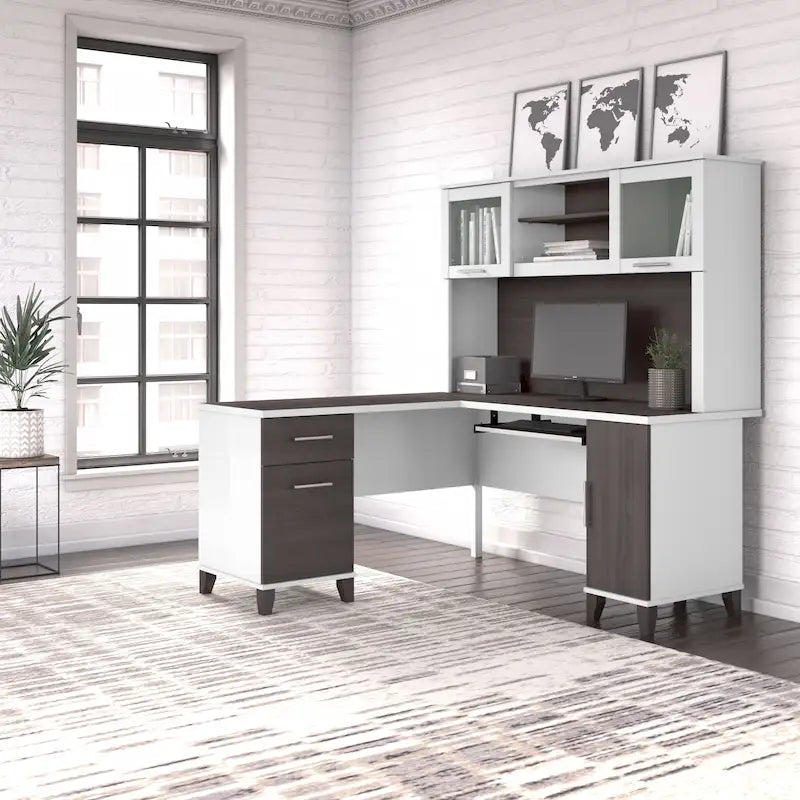 Bureau Bush Furniture Somerset 60W en forme de L avec meuble de rangement supérieur