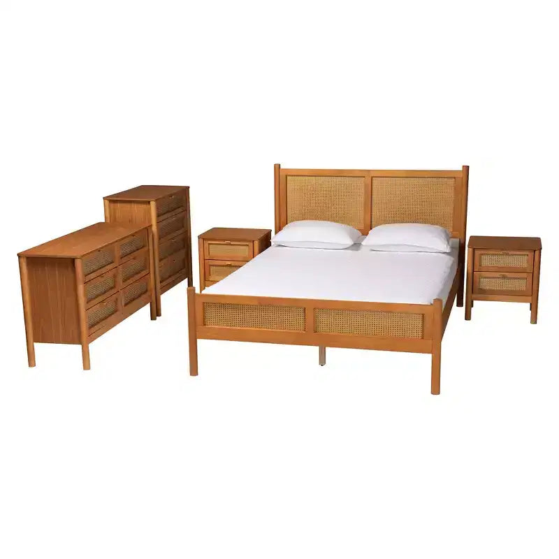 Baxton Studio Jenn Japandi-slaapkamersset van 5 delen in goudbruin hout, queensize, met rotan met verweerde afwerking