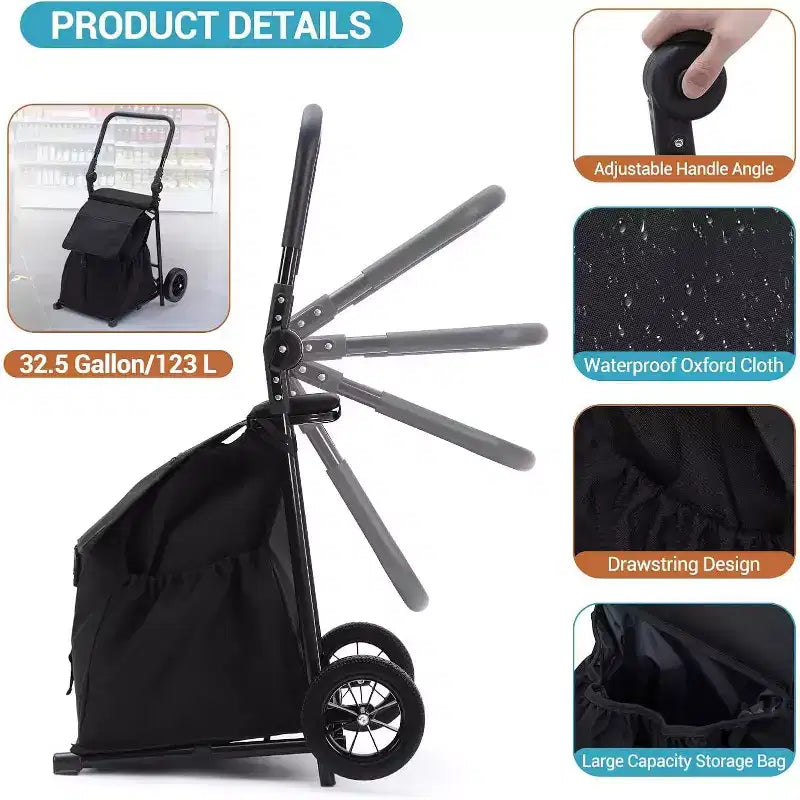 Carrello pieghevole Acekool 2-in-1 con borsa impermeabile rimovibile, cuscino di seduta spesso e manico regolabile antiscivolo, nero