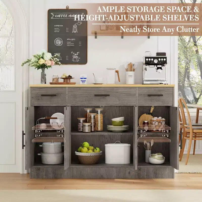 Credenza Celebalcony con contenitore, grande mobile da cucina da 53.4 con 3 cassetti e 4 ante, ripiano regolabile per cucina e soggiorno