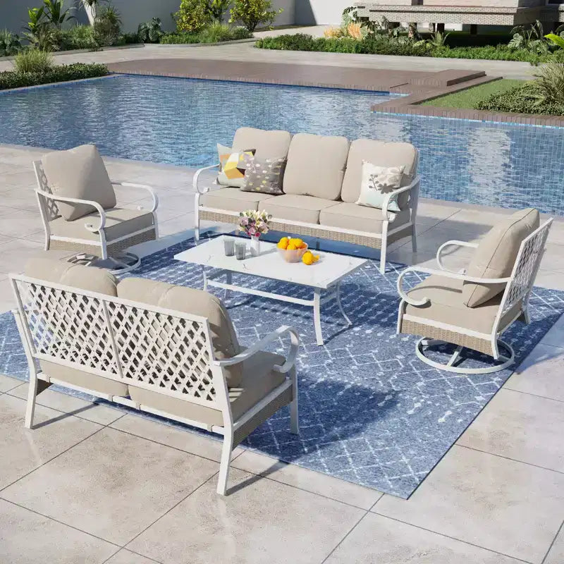 Captiva Designs 5-teiliges extra großes Outdoor-Lounge-Set aus Metall und Rattan mit Drehstühlen mit Gitterlehne und Zweisitzer