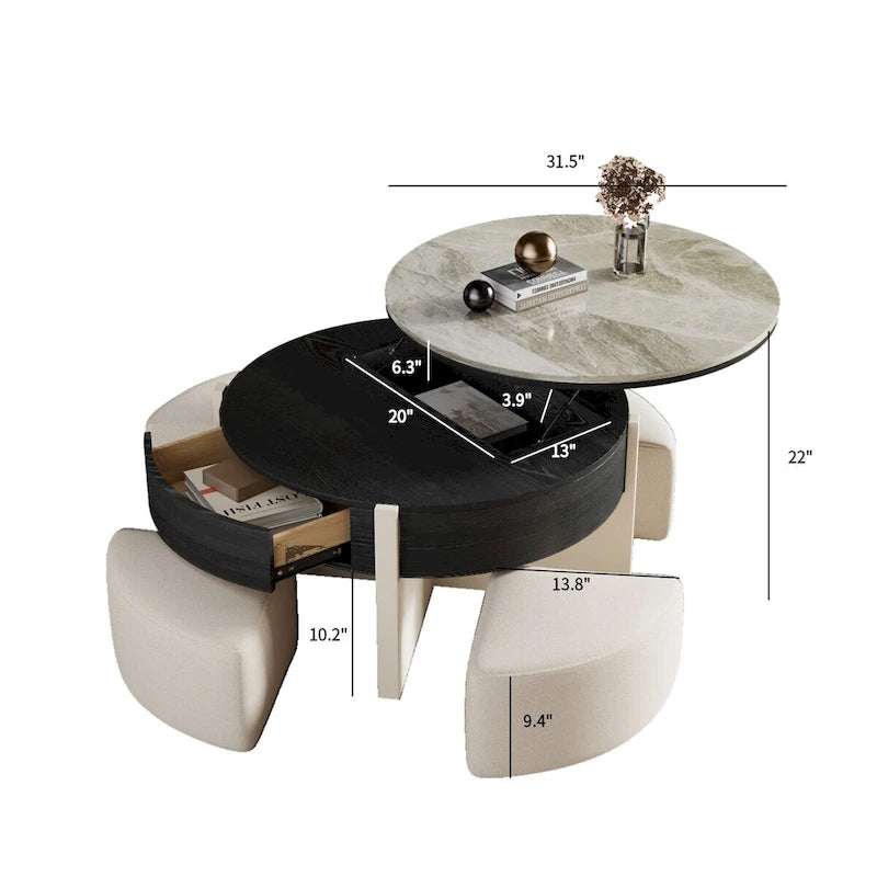 Table basse moderne de 31.5, table basse à plateau relevable avec 3 poufs, noire - 31.5 X 31.5