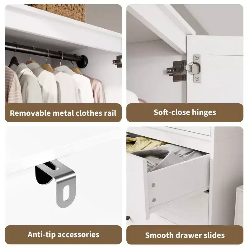 COZONY kledingkast met 3 laden en 2 deuren, moderne houten kast voor de slaapkamer, stevige witte kledingkast